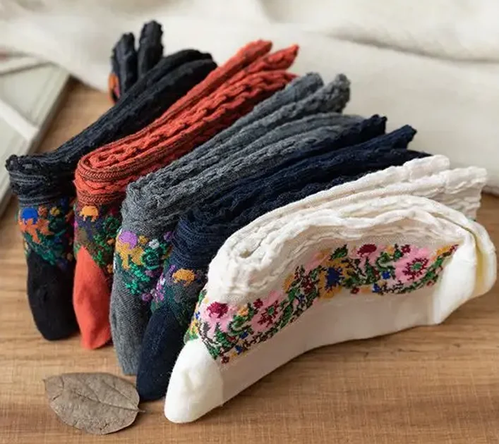 Женские ретро-носки из хлопка с цветочным узором (набор 5 пар)