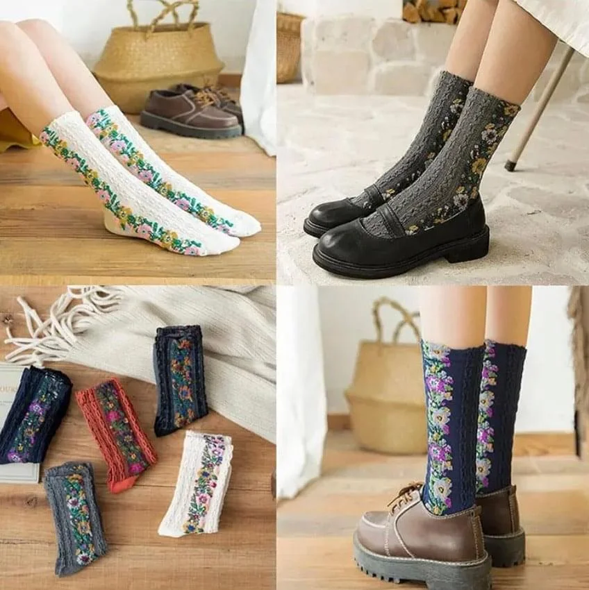 Женские ретро-носки из хлопка с цветочным узором