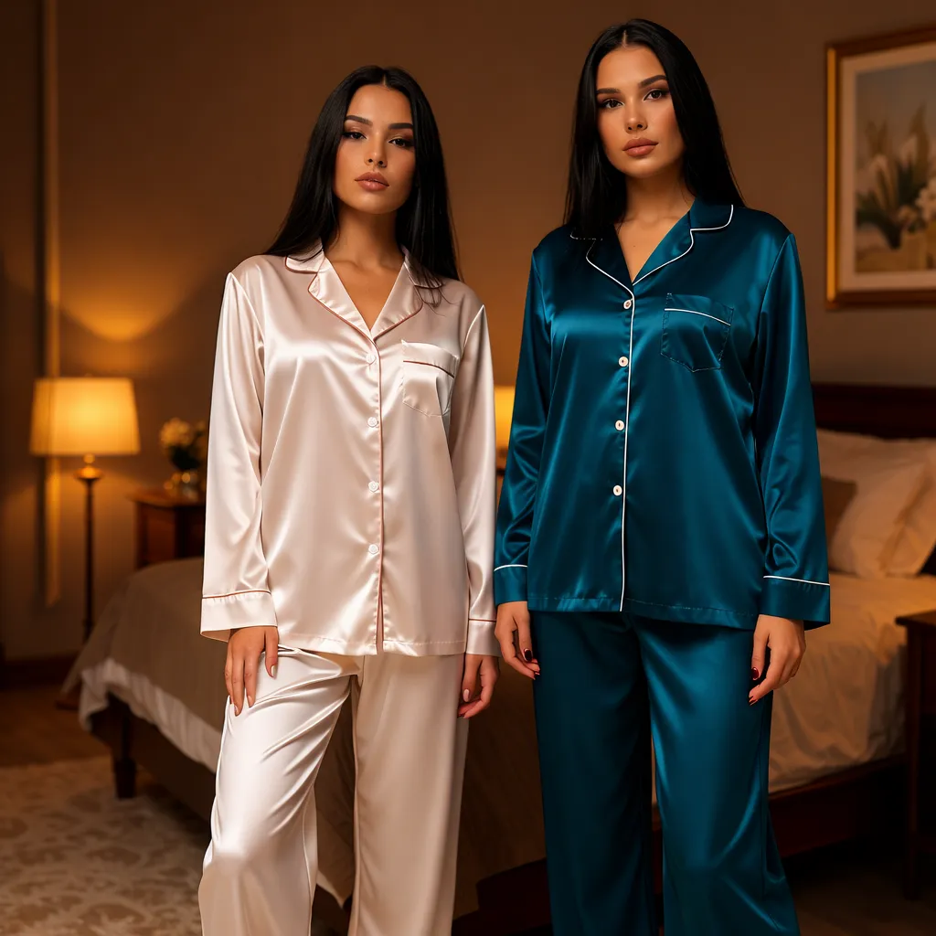 Женский атласный пижамный комплект персикового цвета с длинным рукавом