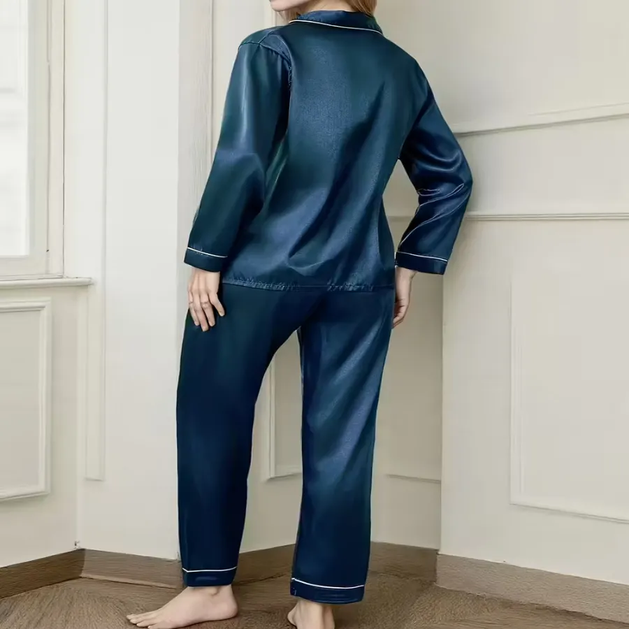 Женский атласный пижамный комплект персикового цвета с длинным рукавом