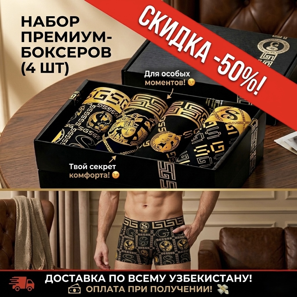 Подарочный набор мужских трусов-боксеров в черно-золотой коробке