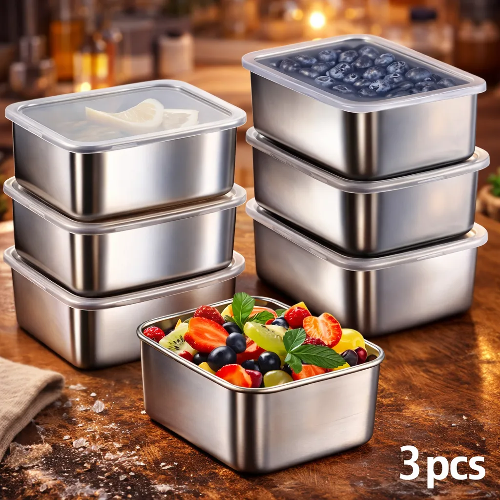 Набор контейнеров из нержавеющей стали с прозрачными крышками, 3 штуки