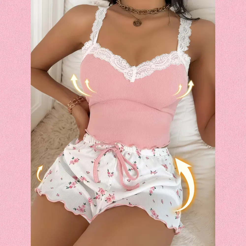 Кружевной женский комплект с цветочным принтом — майка и шорты