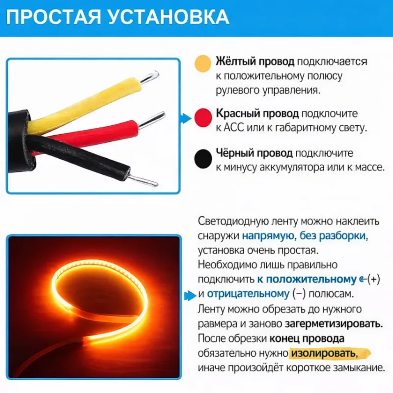 Две светодиодных гибких ленты для авто с белым и желтым свечением