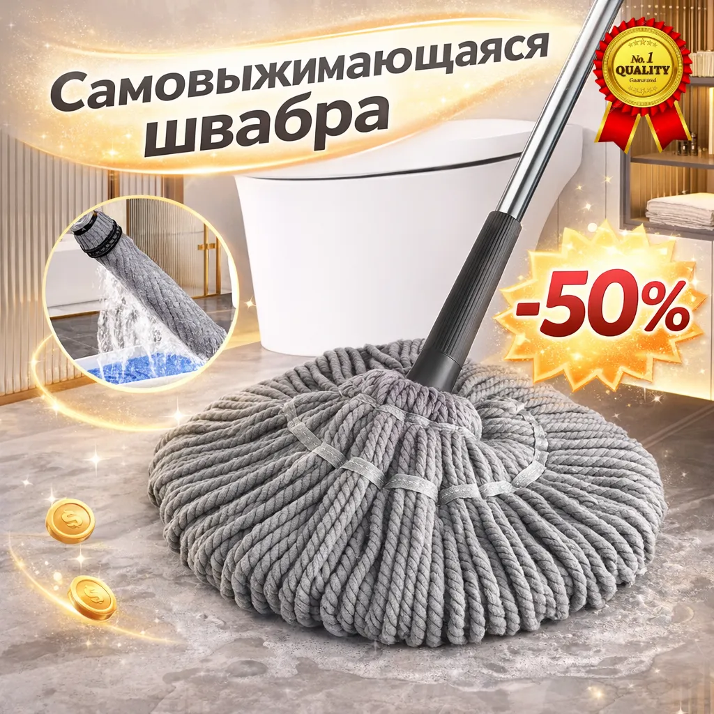 Самовыжимающаяся швабра с микрофиброй отжимает грязную воду и очищает пол
