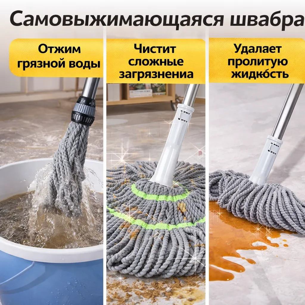Самовыжимающаяся швабра с микрофиброй отжимает грязную воду и очищает пол