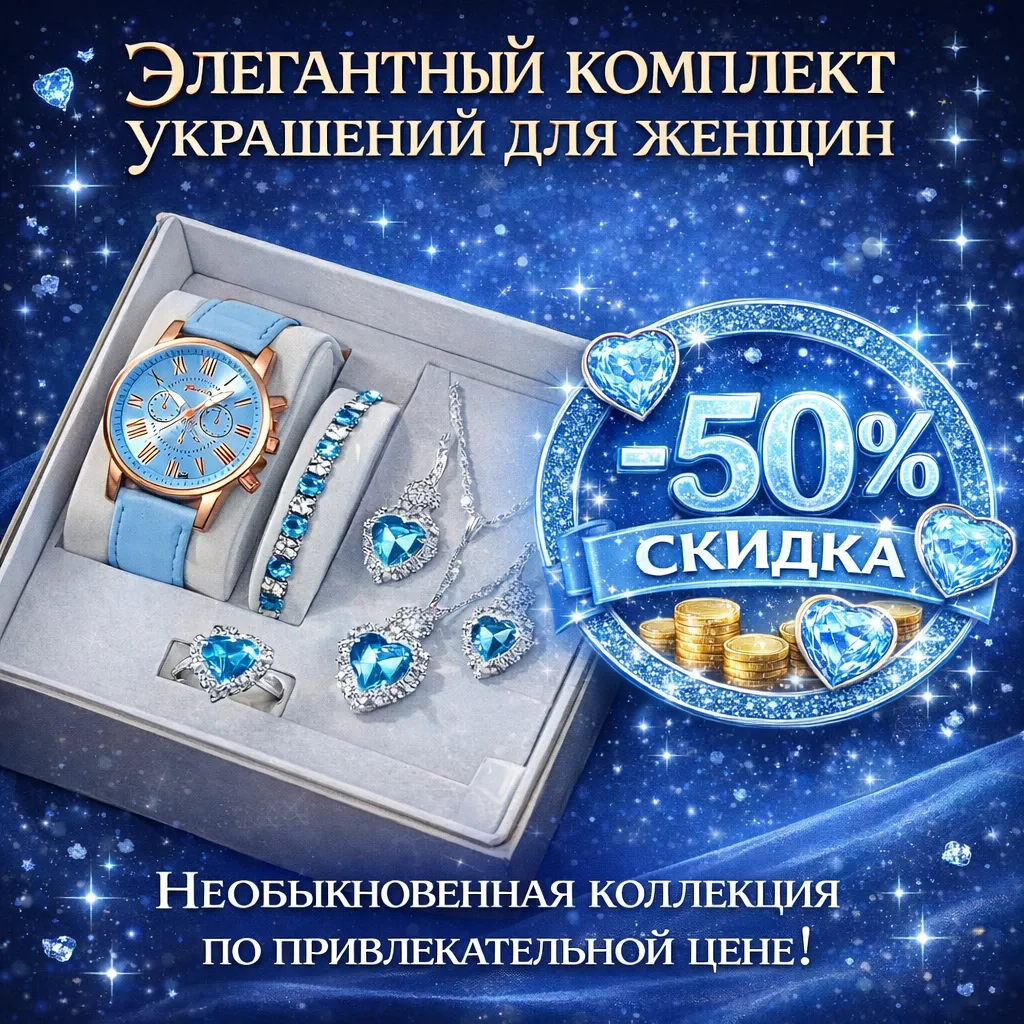 Элегантный комплект украшений для женщин с часами, серьгами, кулоном, браслетом и кольцом