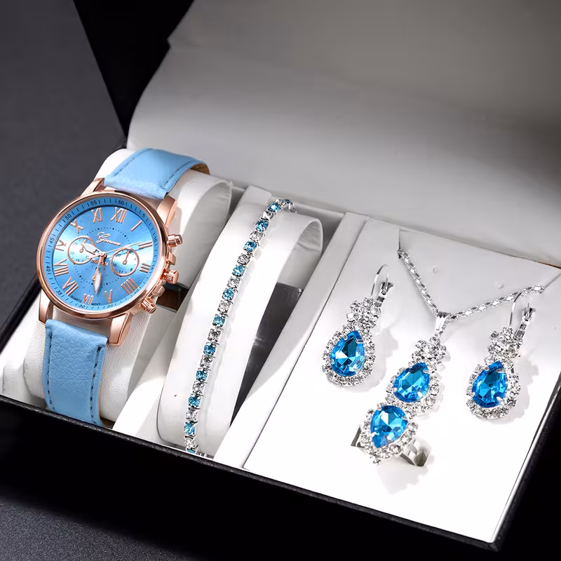 Элегантный комплект украшений для женщин с часами, серьгами, кулоном, браслетом и кольцом
