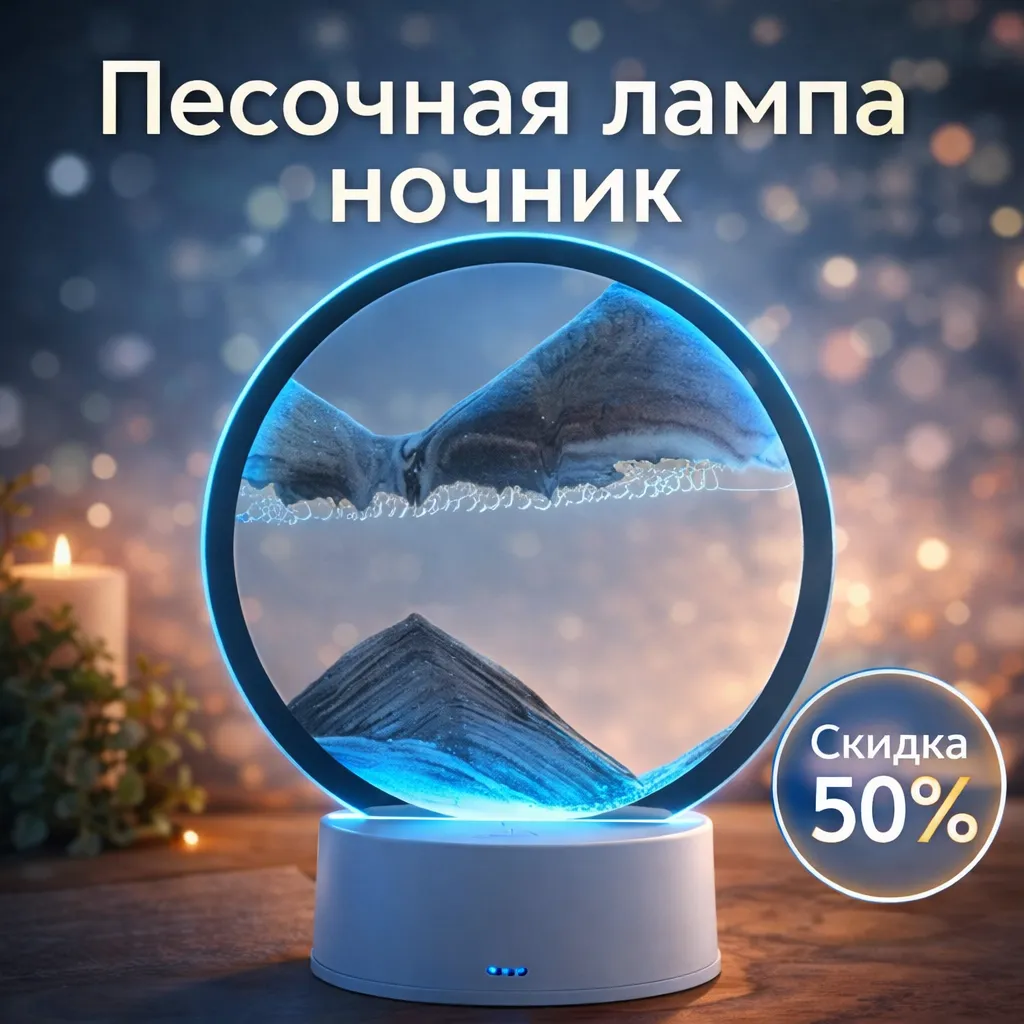 Песочная лампа ночник с цветной подсветкой и эффектом движущегося песка
