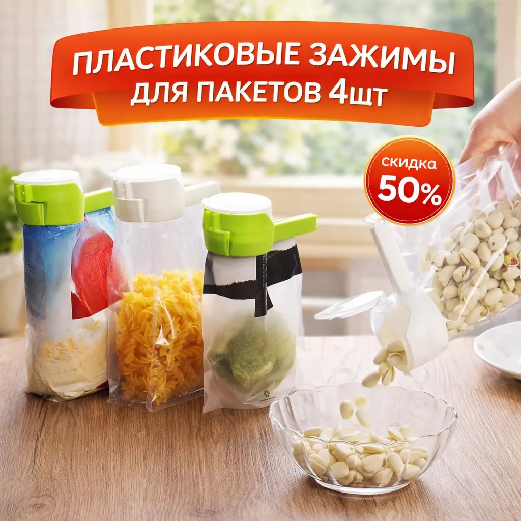 Пластиковые зажимы для пакетов с дозатором — набор 4 штуки, использование на кухне