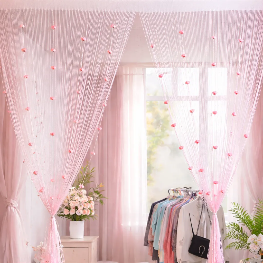 Нитяные шторы с цветами в интерьере, размер 1×2 м