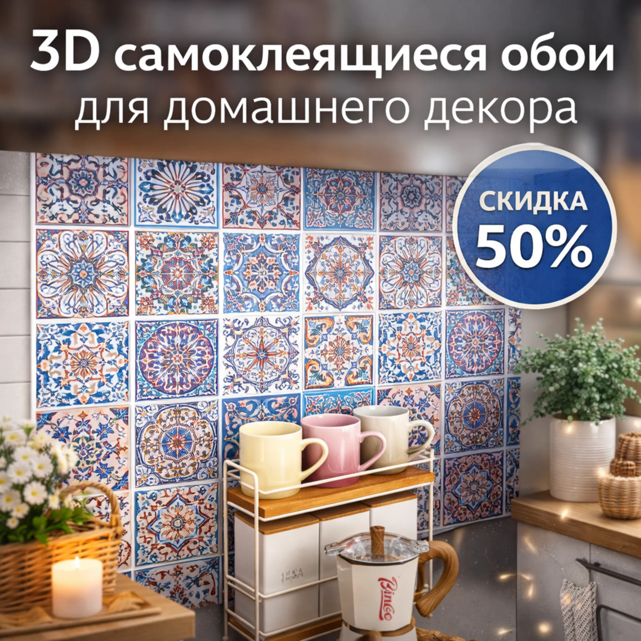 3D самоклеящиеся обои с синим орнаментом пэчворк на кухонном фартуке