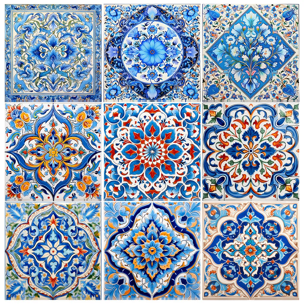 3D самоклеящиеся обои с синим орнаментом пэчворк на кухонном фартуке