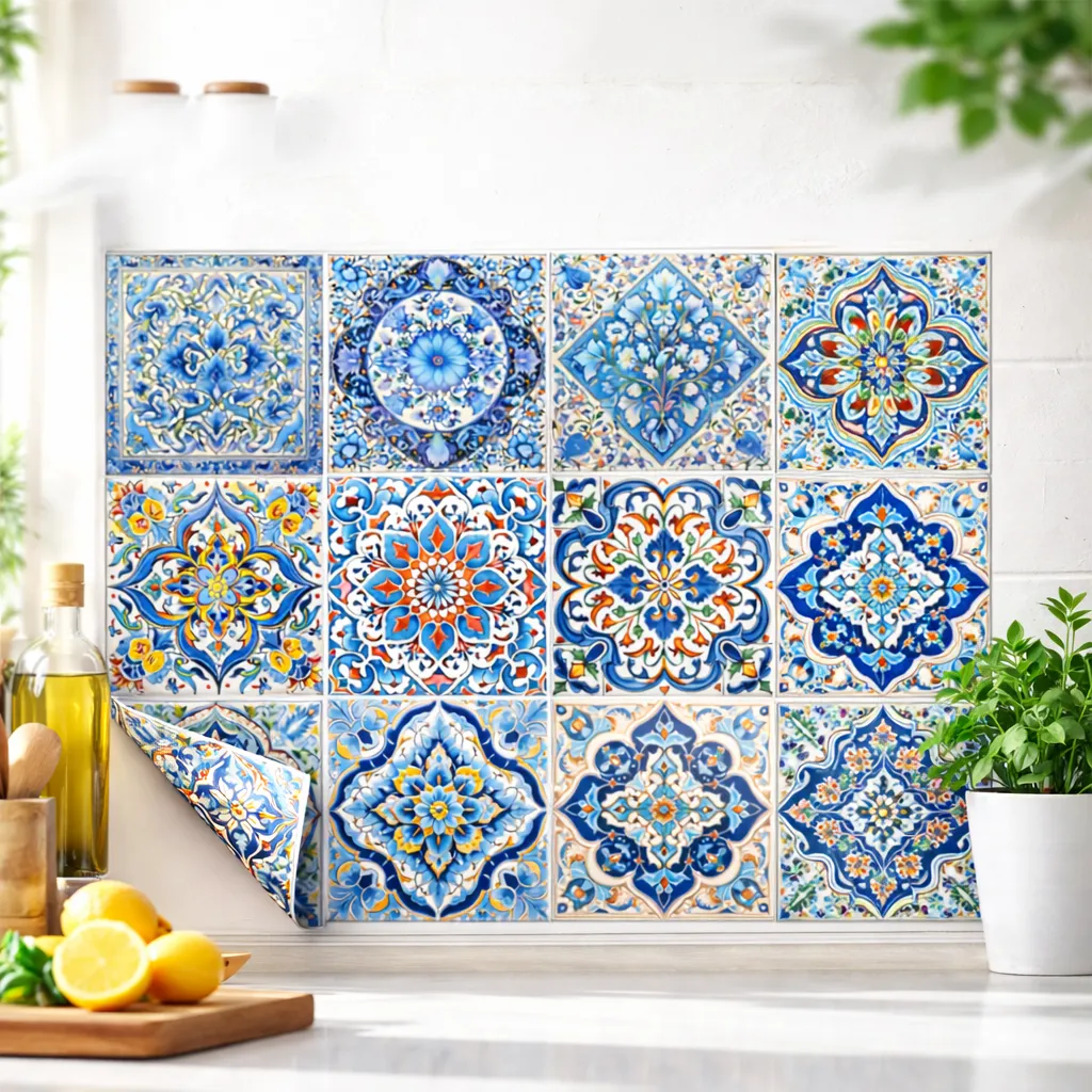 3D самоклеящиеся обои с синим орнаментом пэчворк на кухонном фартуке