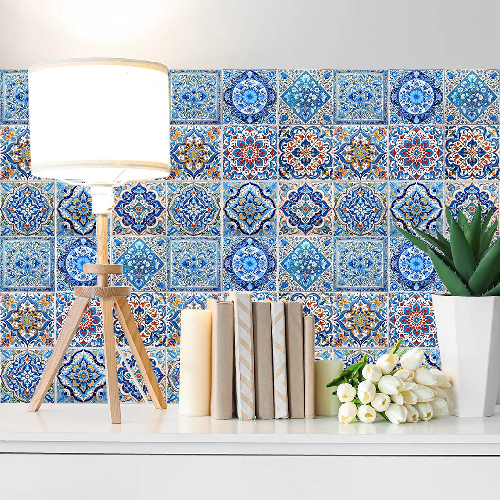 3D самоклеящиеся обои с синим орнаментом пэчворк на кухонном фартуке