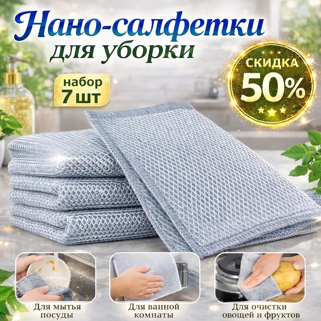 Нано-салфетки для уборки 7 шт — универсальные салфетки для дома