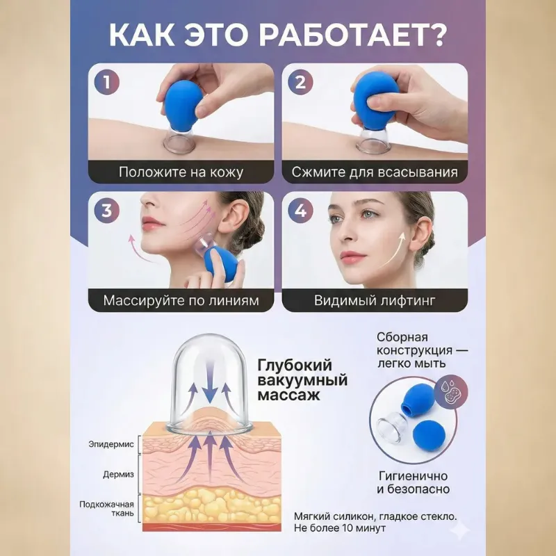 Вакуумные силиконовые банки для массажа лица и тела без огня