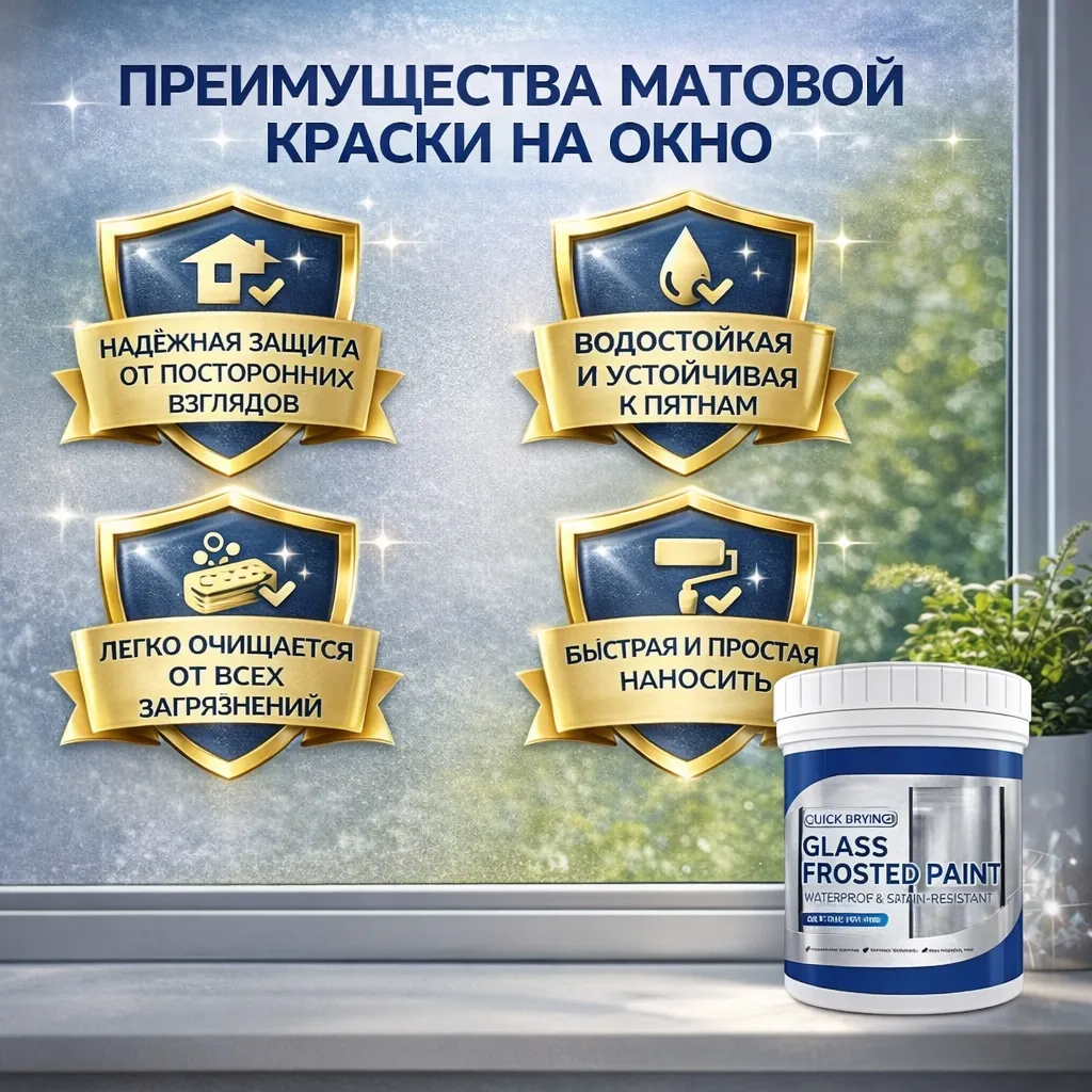 Матовая краска для окна 500 мл с эффектом матового стекла до и после нанесения