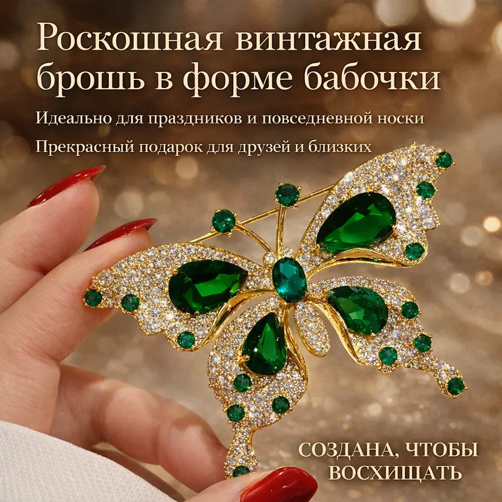 Винтажная зелёная брошь в форме бабочки с изумрудными камнями на золотистой основе