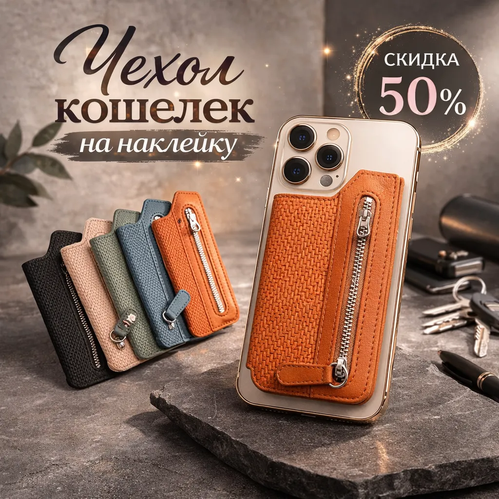 Чехол кошелек на наклейку с молнией для хранения карт на телефоне