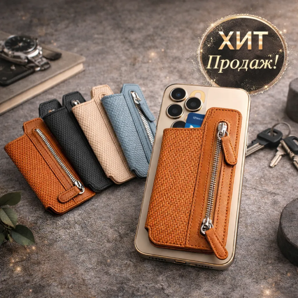 Чехол кошелек на наклейку с молнией для хранения карт на телефоне