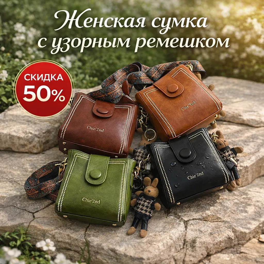 Женская сумка из экокожи с узорным ремешком и влагозащитным покрытием