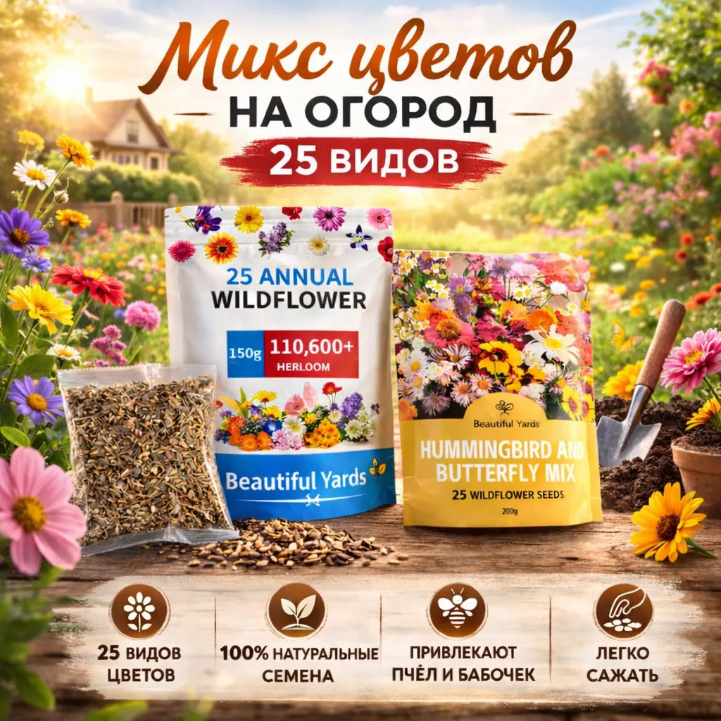 Смесь семян 25 видов цветов для огорода в упаковке