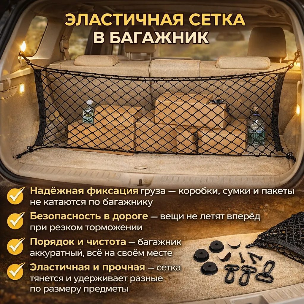 Автомобильная багажная сетка для транспортировки и фиксации груза в багажнике