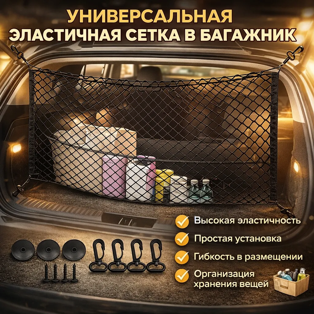 Автомобильная багажная сетка для транспортировки и фиксации груза в багажнике