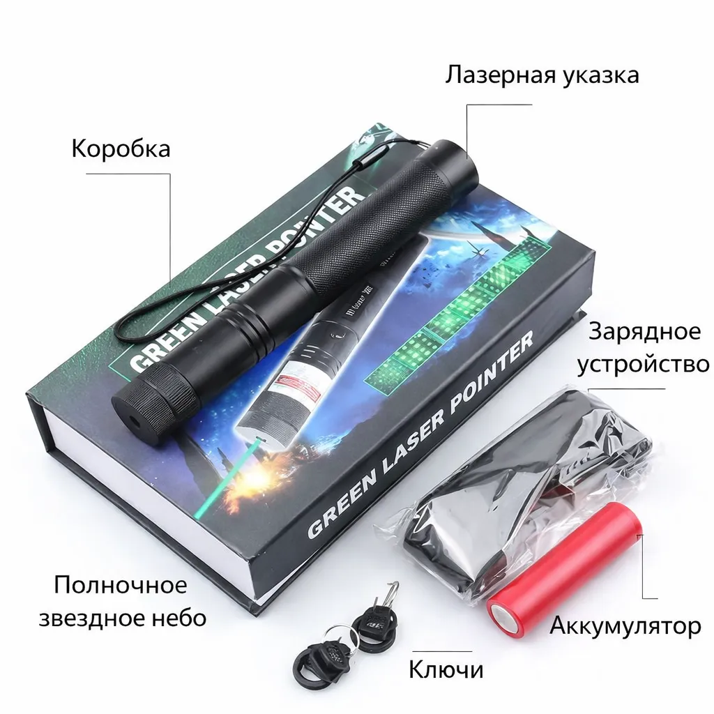 Мощный лазерный указатель с зелёным лучом и режимом звёздного проектора