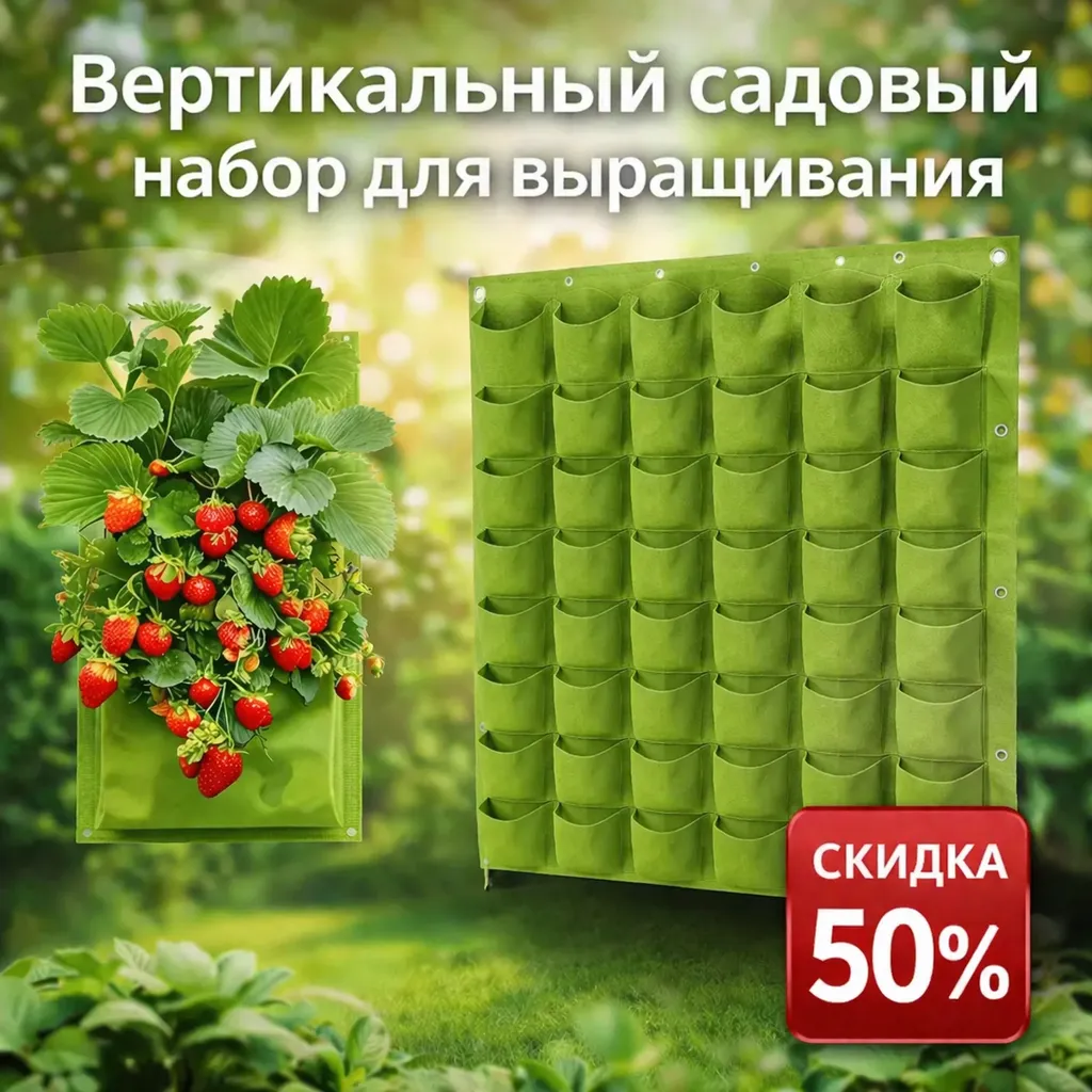Настенный вертикальный сад с зелеными карманами и растениями