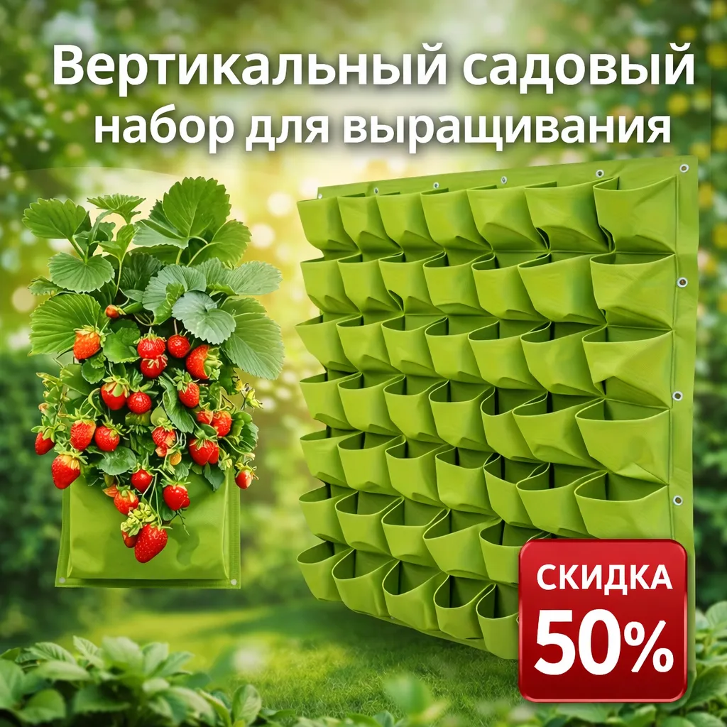 Настенный вертикальный сад с зелеными карманами и растениями