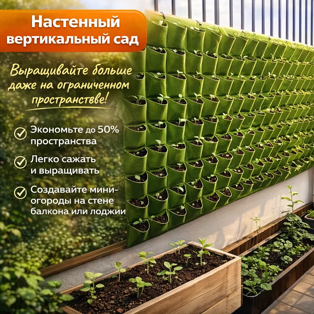 Настенный вертикальный сад с зелеными карманами и растениями
