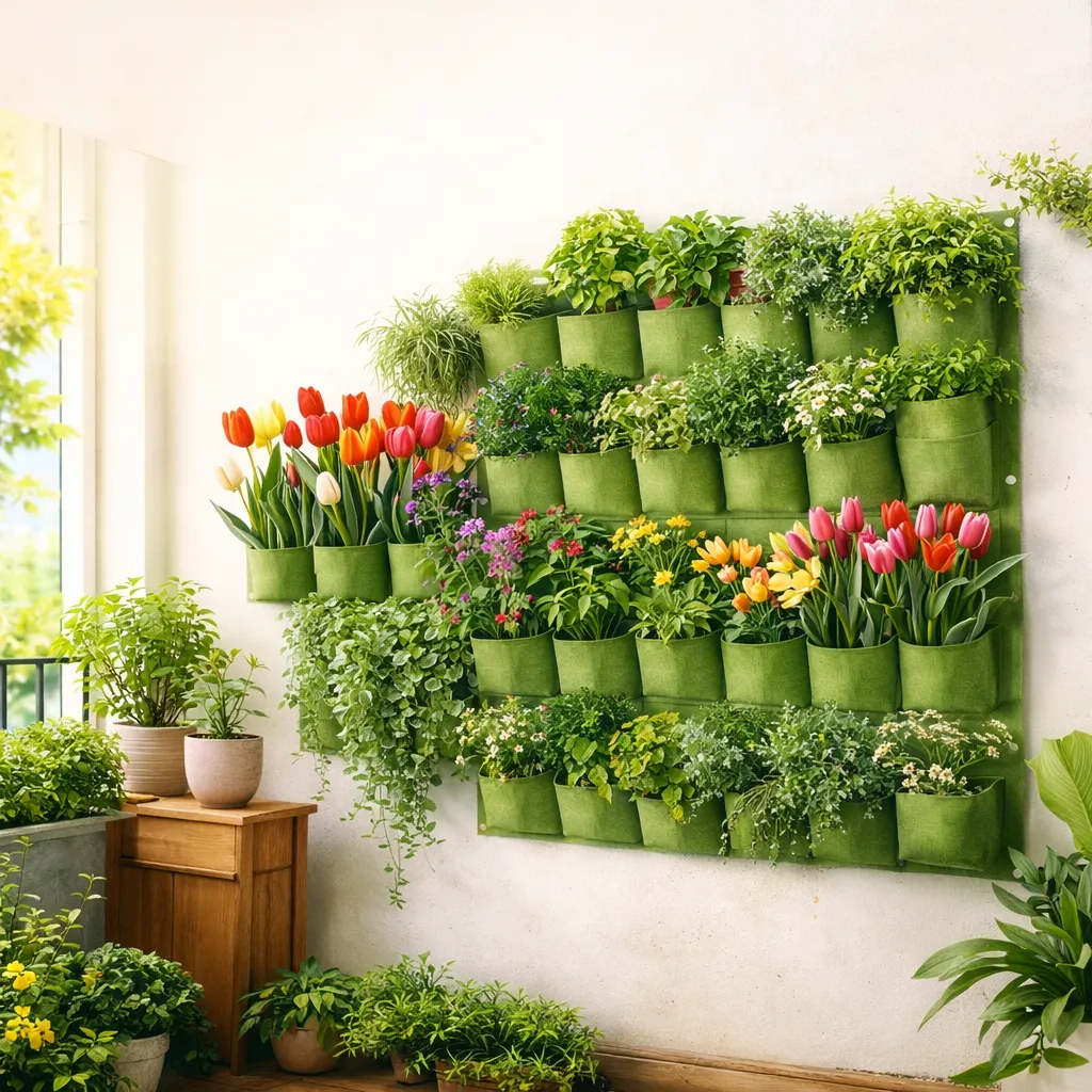 Настенный вертикальный сад с зелеными карманами и растениями