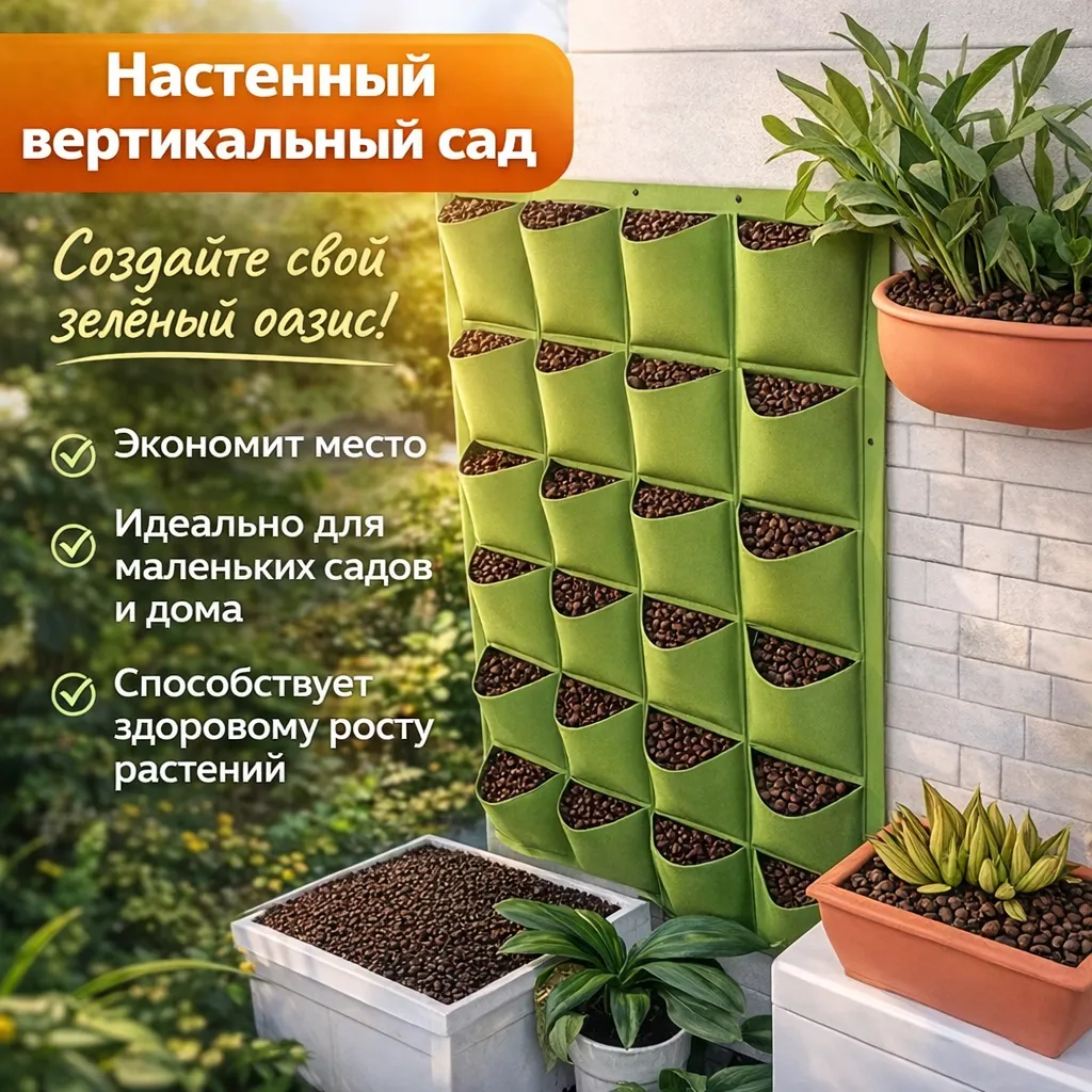 Настенный вертикальный сад с зелеными карманами и растениями