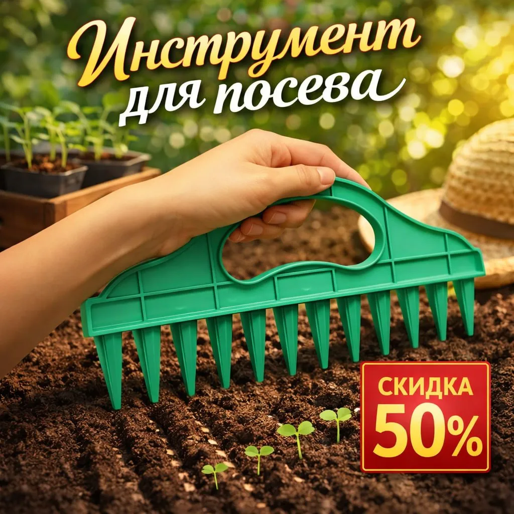 Зеленый инструмент для посева с ручкой и зубцами для создания лунок в почве