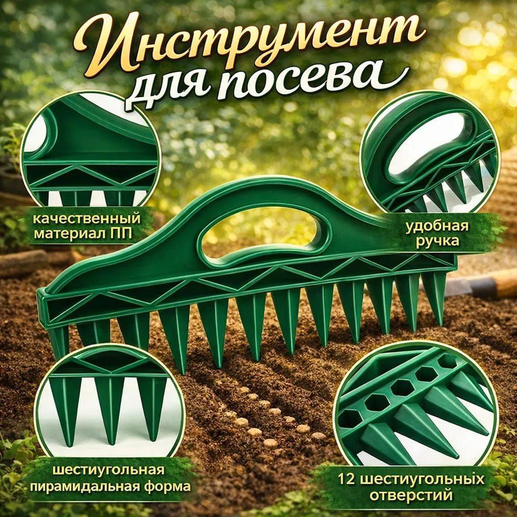 Зеленый инструмент для посева с ручкой и зубцами для создания лунок в почве