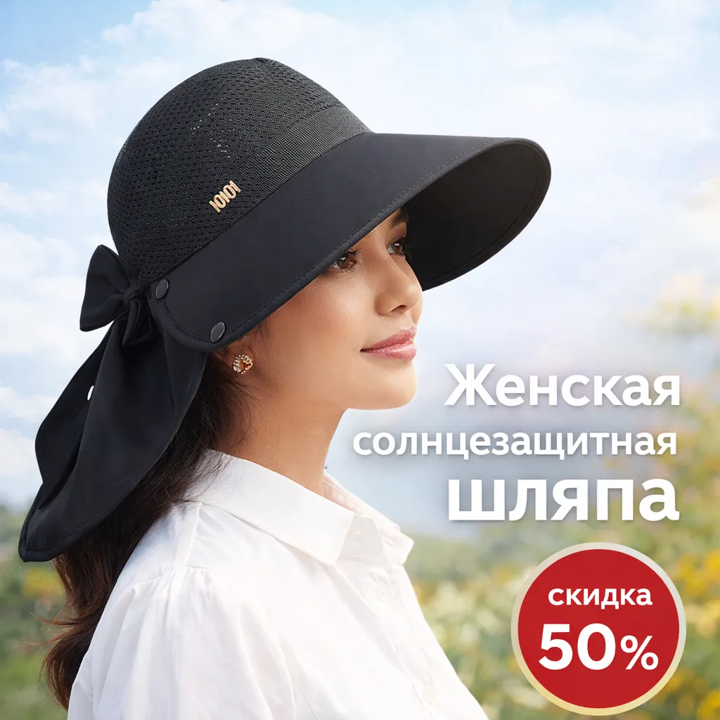 Женская солнцезащитная шляпа с широким козырьком и защитой шеи