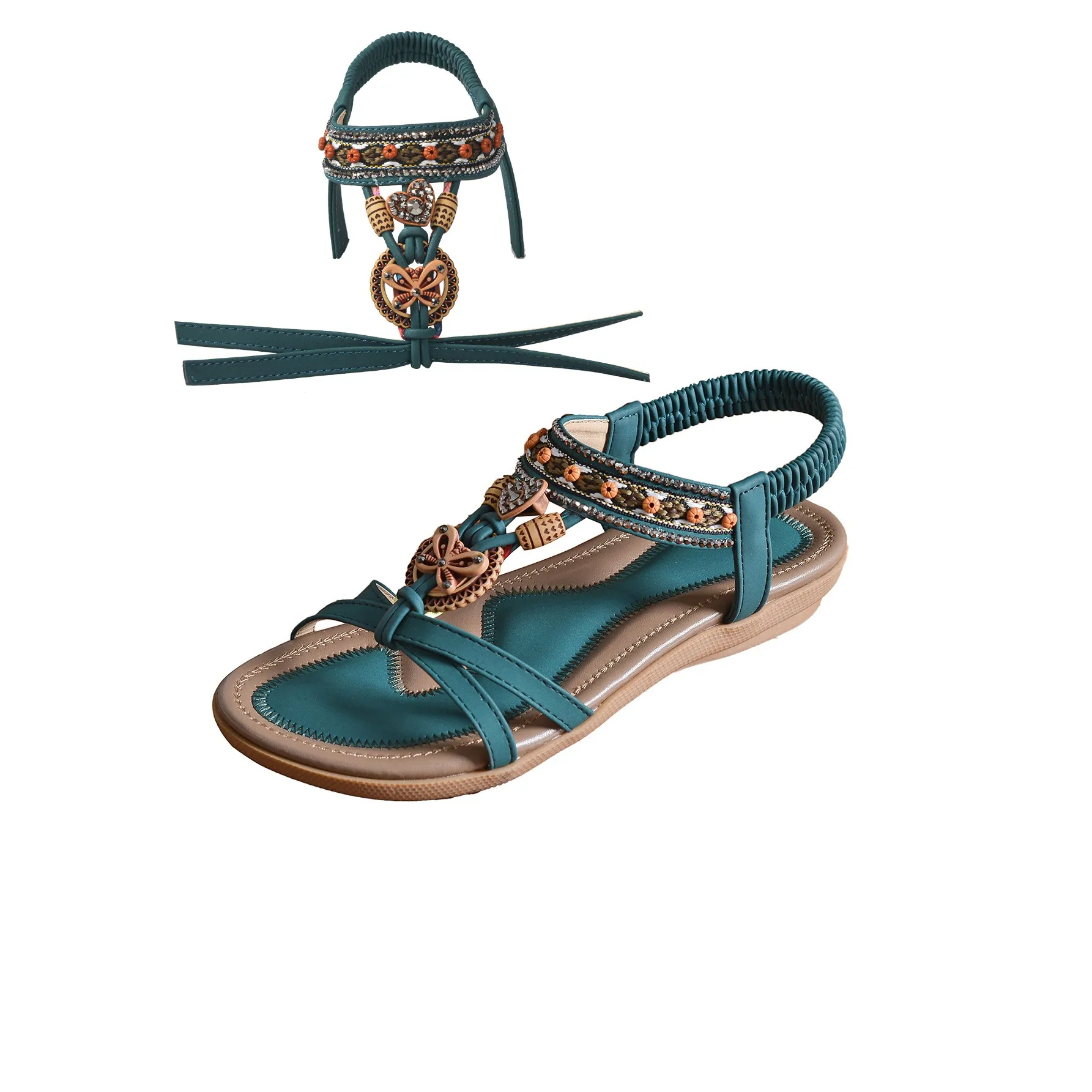 Женские бирюзовые босоножки в богемном стиле с декоративными элементами