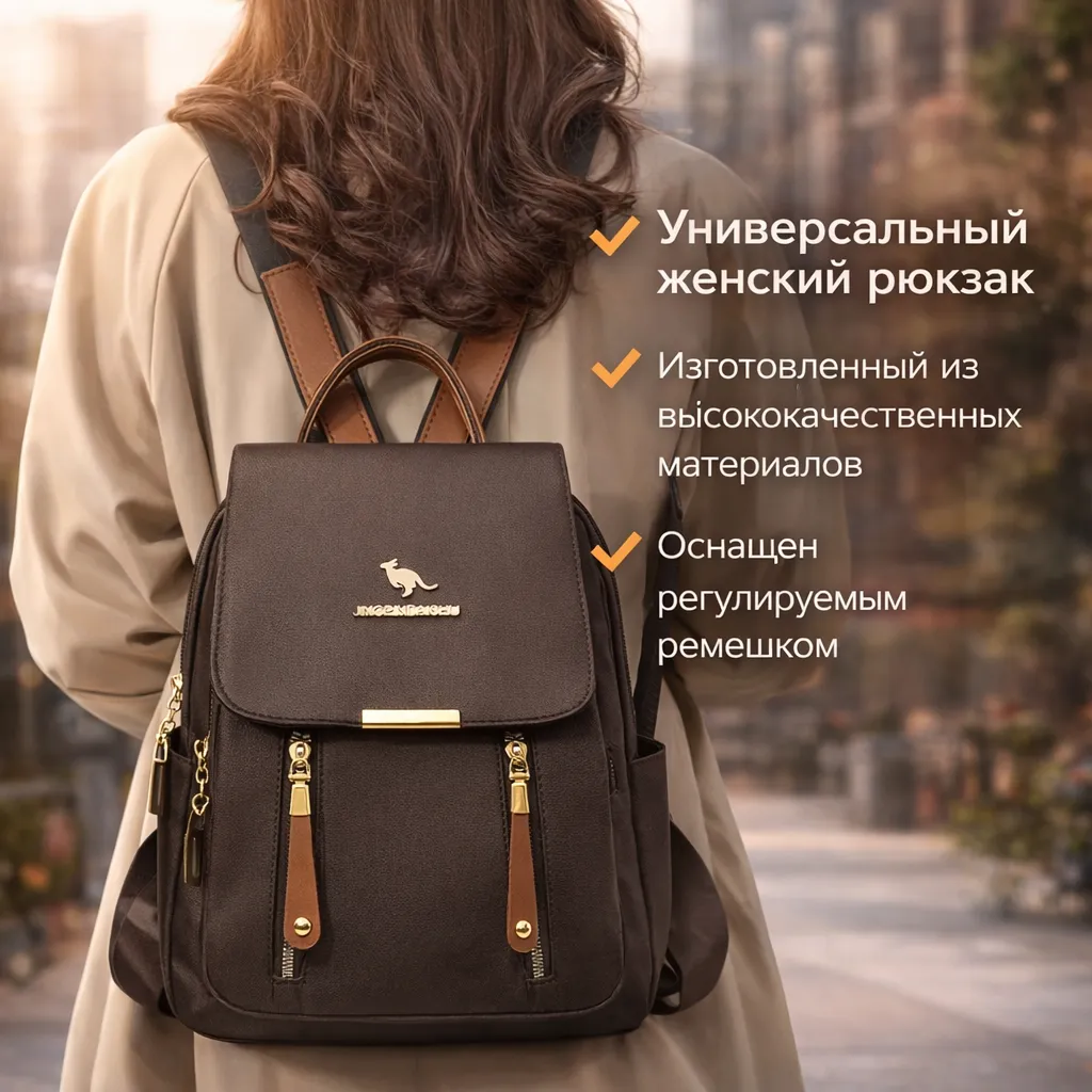 Женский стильный рюкзак черного цвета с золотыми элементами и регулируемыми ремешками