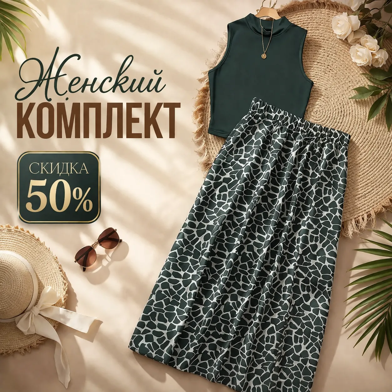 Женский комплект с топом без рукавов и юбкой с принтом, летний стильный образ