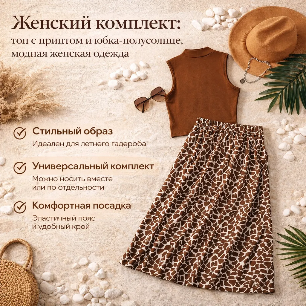 Женский комплект с топом без рукавов и юбкой с принтом, летний стильный образ