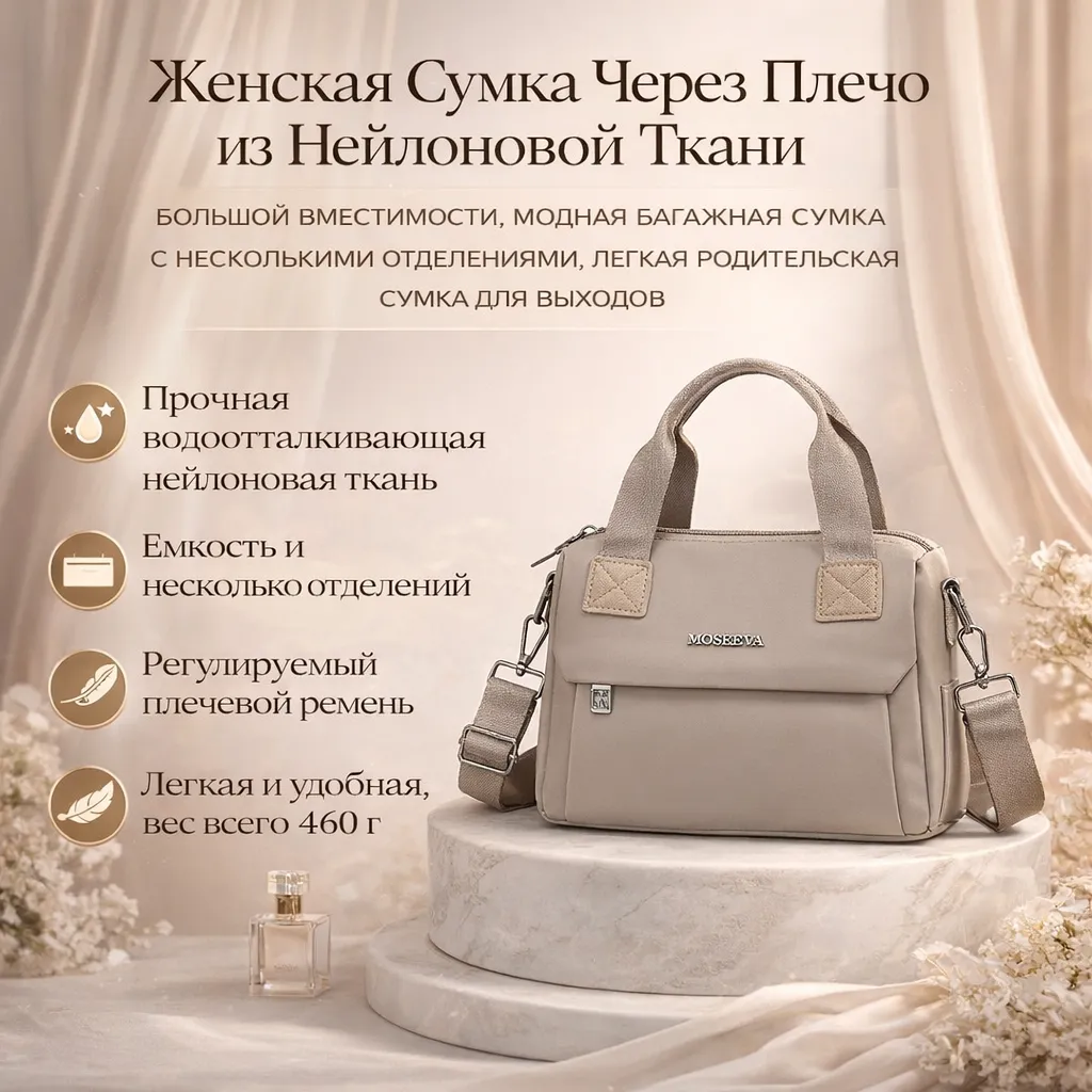 Женская нейлоновая сумка через плечо с короткими ручками и длинным ремнем