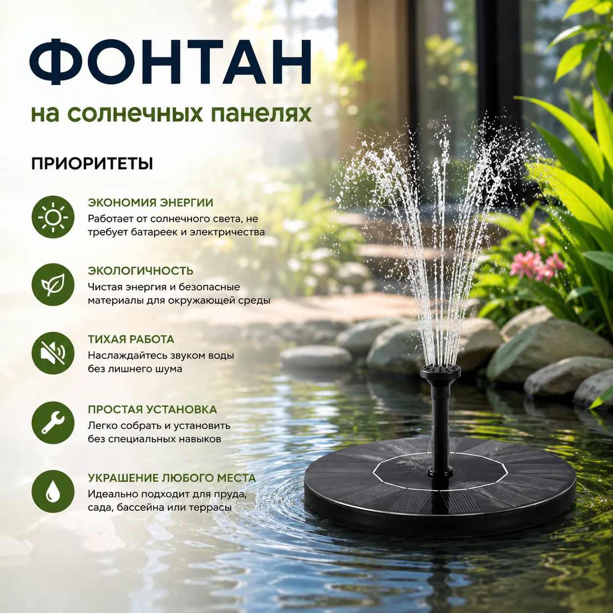 Солнечный фонтан для пруда диаметром 16 см