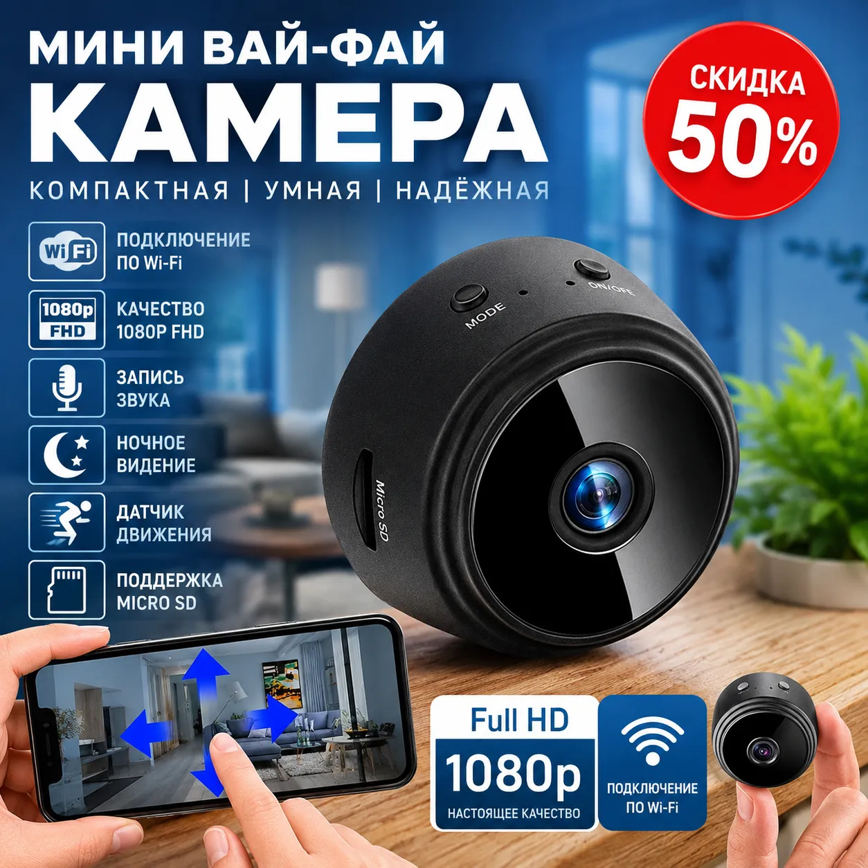 Мини Wi-Fi камера Full HD 1080P с ночным видением и датчиком движения