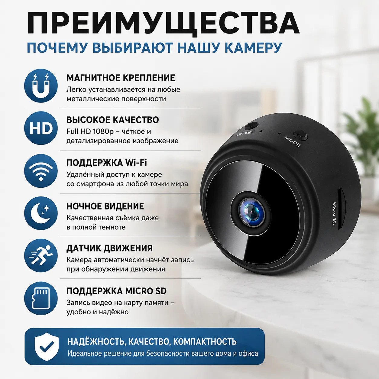 Мини Wi-Fi камера Full HD 1080P с ночным видением и датчиком движения