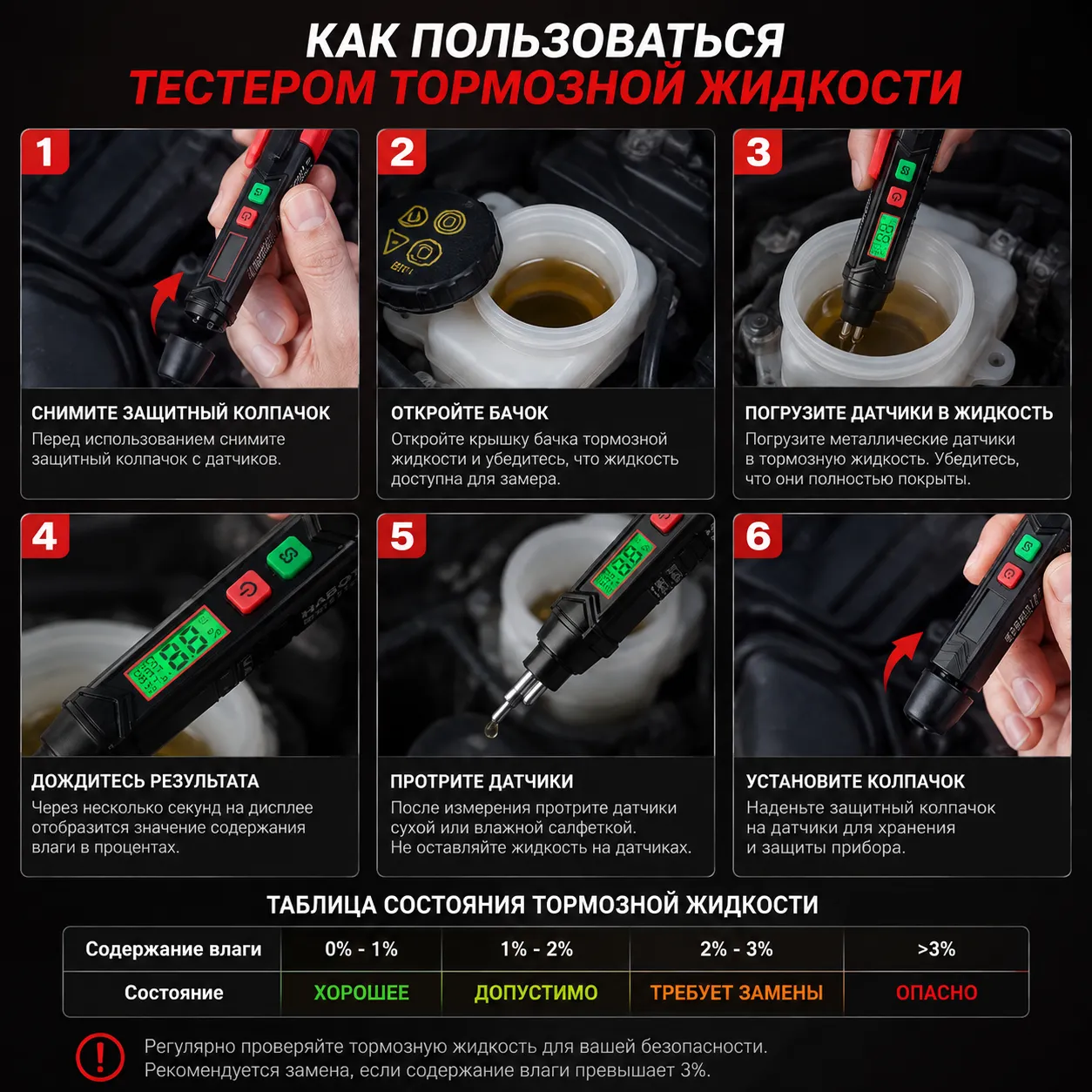 Электронный тестер тормозной жидкости для проверки уровня влаги