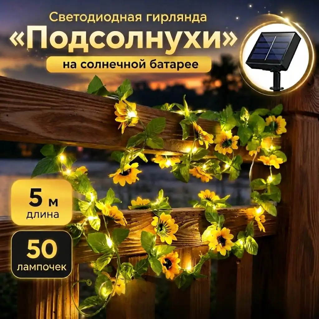 Светодиодная гирлянда «Подсолнухи» на солнечной батарее