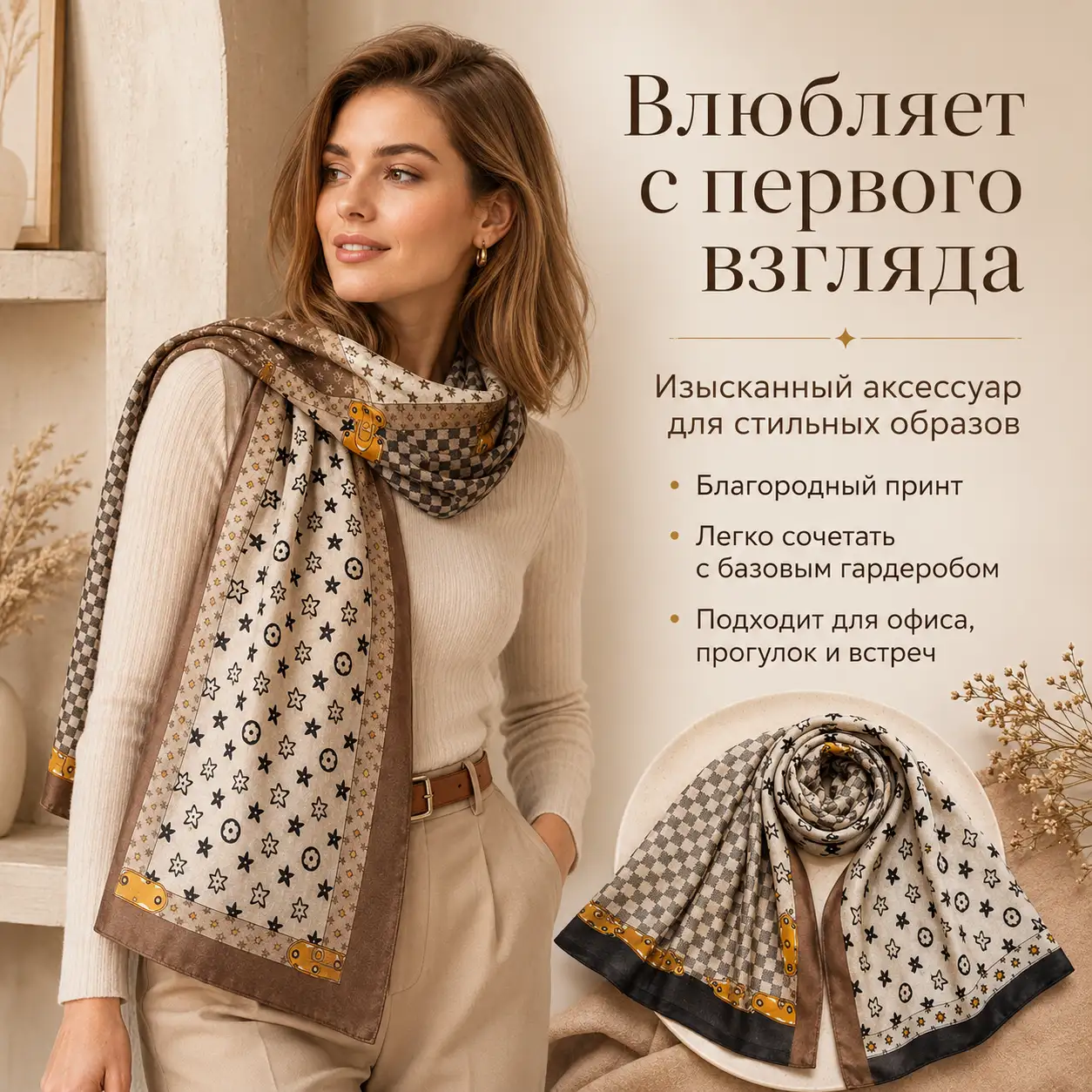 Женский модный платок-шарф с благородным принтом (90х180 см)