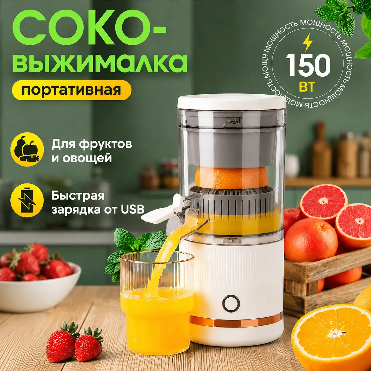 Соковыжималка портативная электрическая для цитрусовых и фруктов, USB